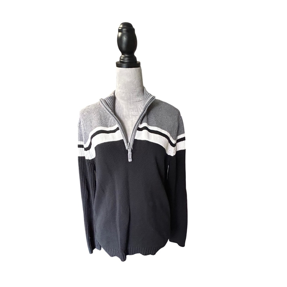 St Johns Bay Gray Black Striped Quarter Zip Sweater Women's XL‎ Knit Pullover